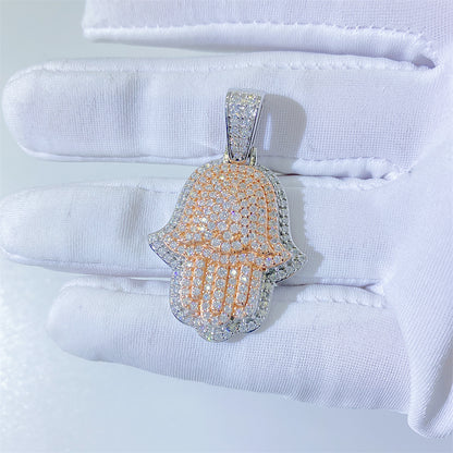 Rose Gold Two Tone Solid Silver Iced Out Moissanite Hamsa Pendant