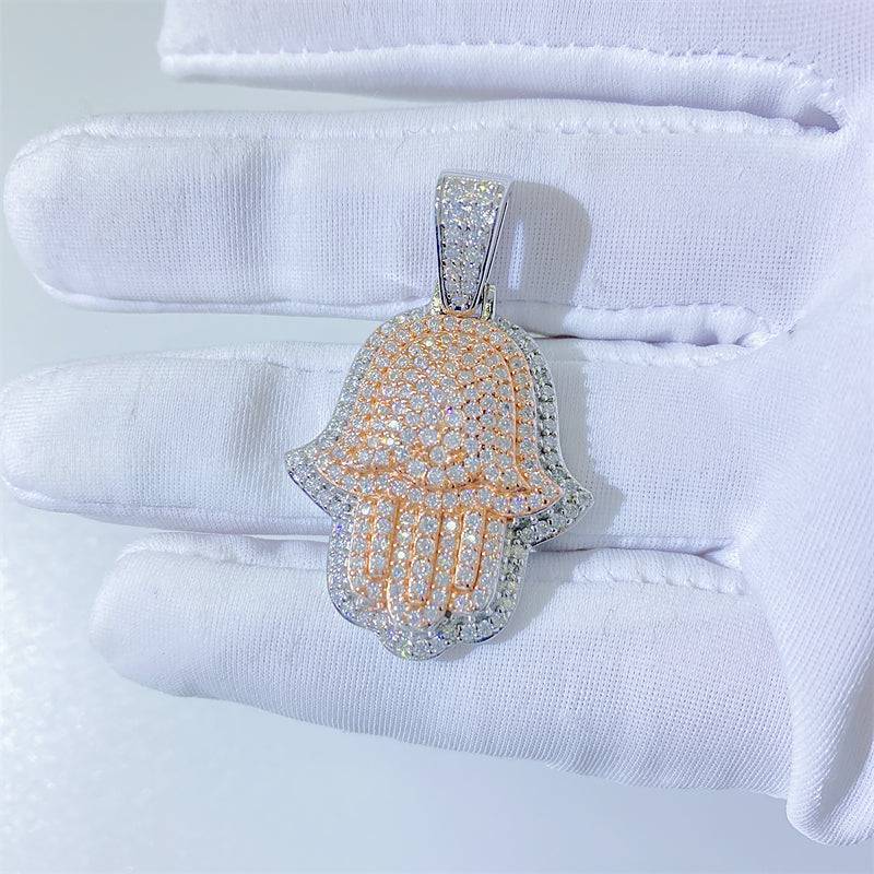 Rose Gold Two Tone Solid Silver Iced Out Moissanite Hamsa Pendant hip hop jewelry0