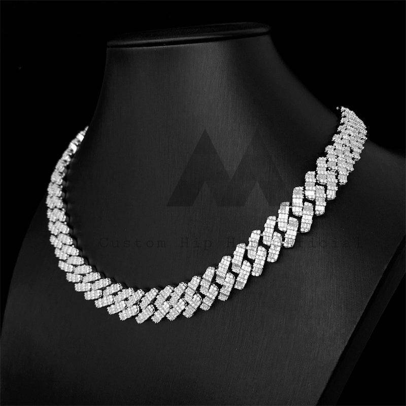 Iced Out 925 Silver 15MM Double Rows Baguette Moissanite Diamond Cuban Chain hip hop jewelry0