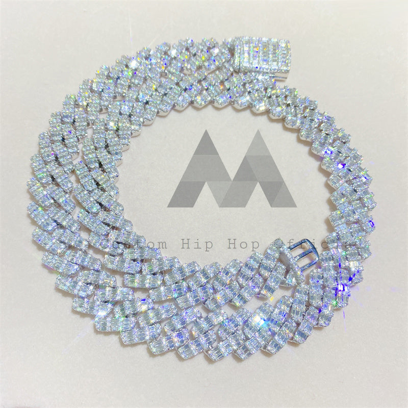 Iced Out 925 Silver 15MM Double Rows Baguette Moissanite Diamond Cuban Chain
