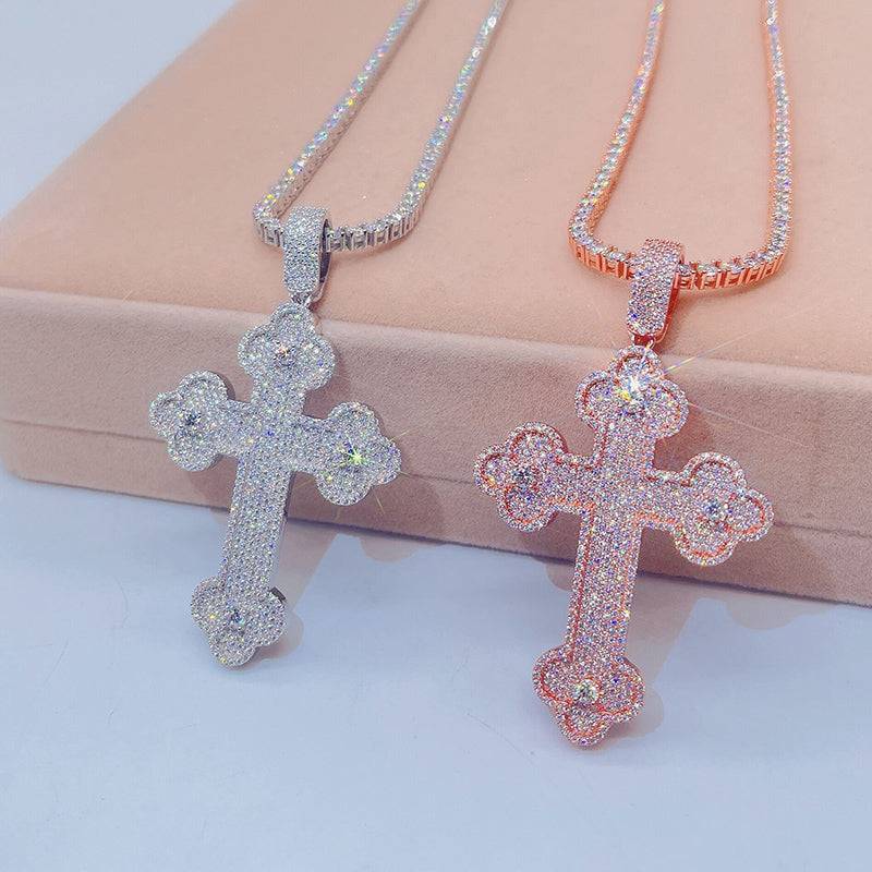 Hip hop jewelry featuring Rose Gold White Gold Moissanite Cross Pendant VVS Grade that passes diamond tester, suitable for 10MM Cuban chain0