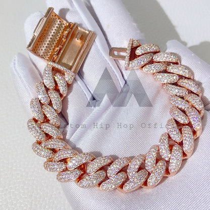 Rapper Jewelry 15MM 3Rows VVS Moissanite Iced Out Cuban Bracelet