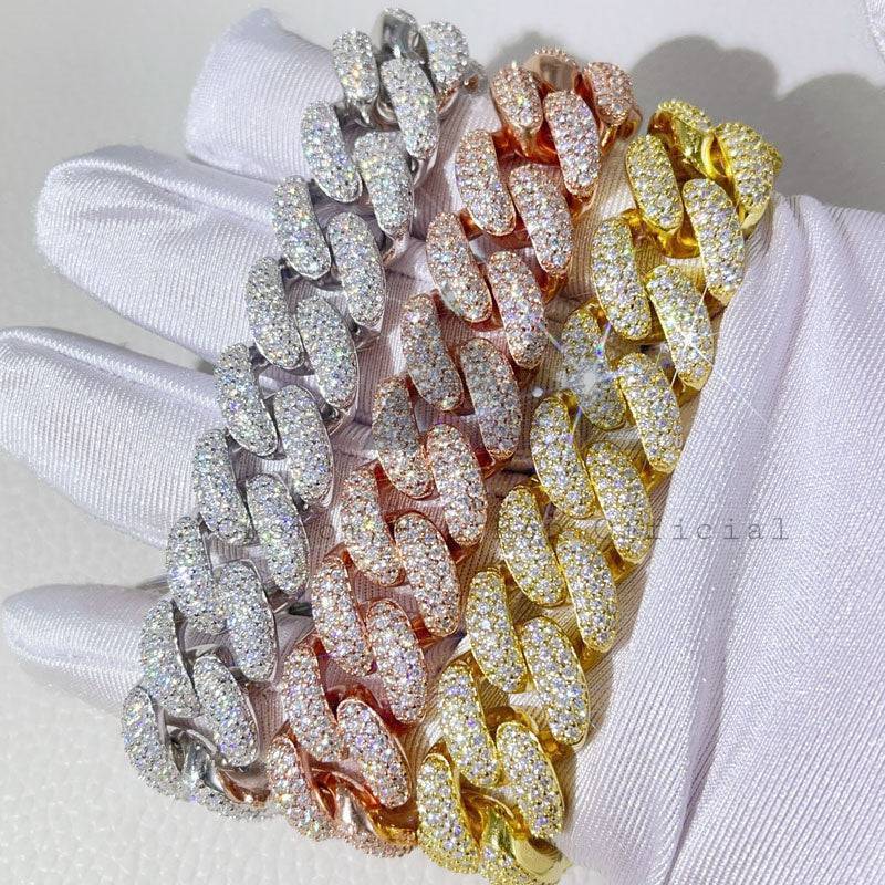 Hip hop jewelry featuring 15MM 3Rows VVS Moissanite Iced Out Cuban Bracelet for rappers2