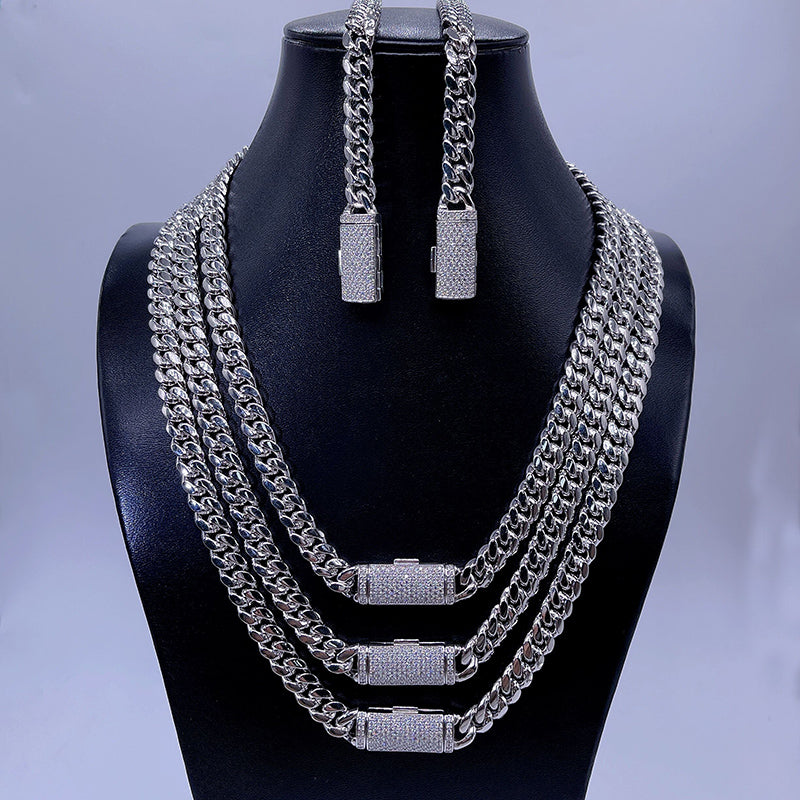 Hip Hop Men Fashion 8MM Solid Silver Cuban Chain With Moissanite Lock