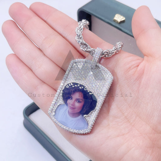 Custom Made Moissanite VVS Iced Dog Tag Pendant with 2.5 inch Photo Slot0