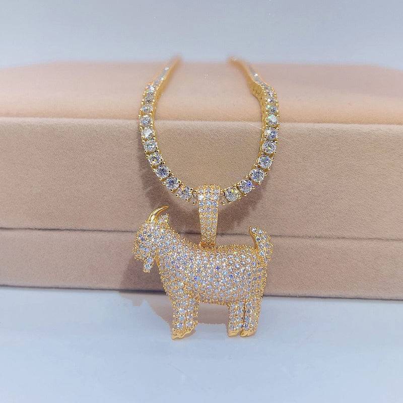 Yellow Gold Plated Over Sterling Silver Iced Out Moissanite Goat Pendant