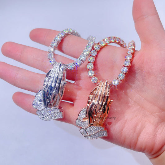 Iced Out Praying Hands Pendant with VVS Moissanite Diamond Pass Diamond Tester