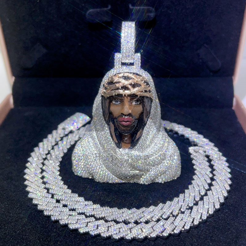 Unique Design VVS Moissanite Diamond Enamel 3D Design Jesus Pendant with 10MM Cuban Chain