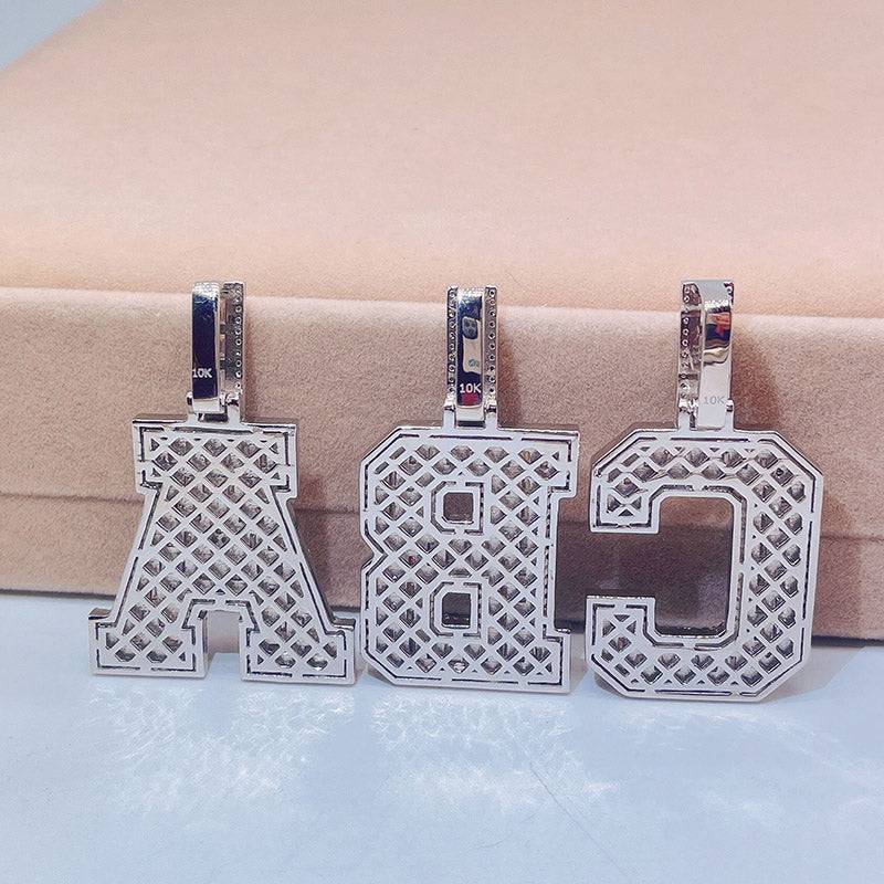 Hip hop jewelry with white gold plating over sterling silver and baguette moissanite diamond letter initial pendant0