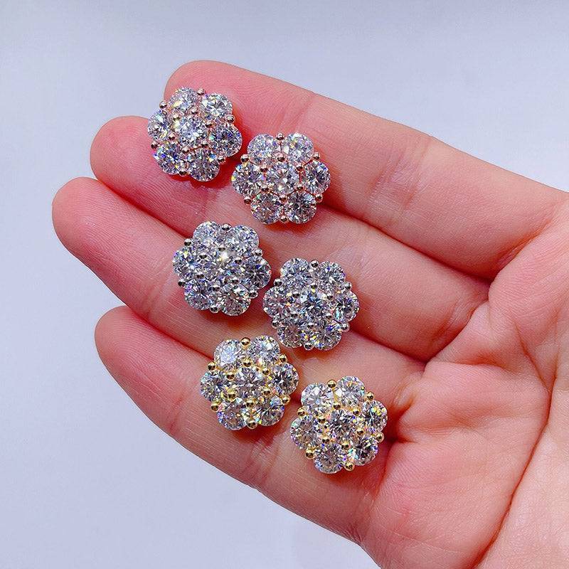 Hip hop jewelry featuring 8MM 12MM 15MM Cluster Flower VVS Moissanite Studs with Screw Back GRA Certificated0