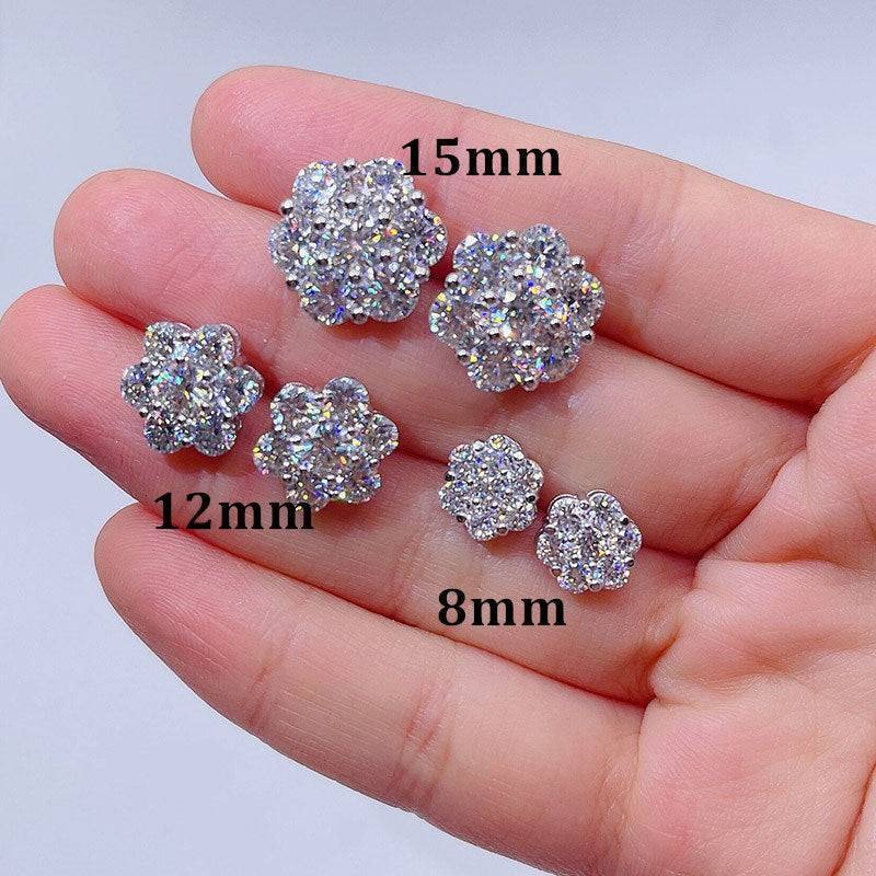 Hip hop jewelry featuring 8MM 12MM 15MM Cluster Flower VVS Moissanite Studs with Screw Back GRA Certificated2