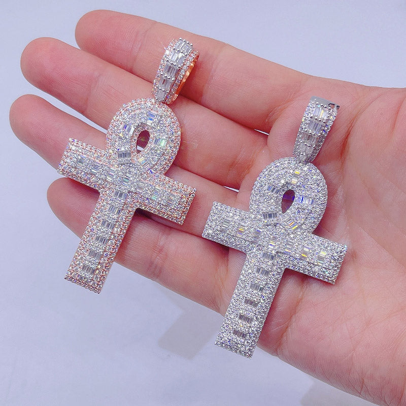Hip hop jewelry featuring GRA certificated Moissanite cross pendant with baguette cut in sterling silver2