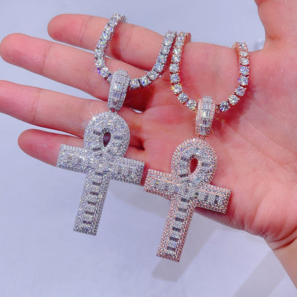 Hip hop jewelry featuring GRA certificated Moissanite cross pendant with baguette cut in sterling silver1