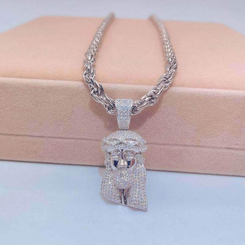 Hip hop jewelry featuring White Gold VVS Moissanite Diamond Jesus Face Pendant in Sterling Silver 9250