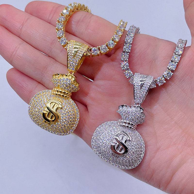 Sterling Silver VVS Moissanite Iced Out Money Bag Pendant Hip Hop