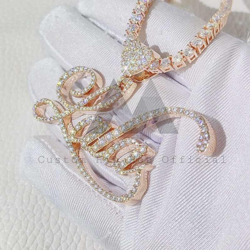 Hip hop jewelry featuring 3MM Tennis Rose Gold Heart Bail LALA Name Pendant with VVS Moissanite0