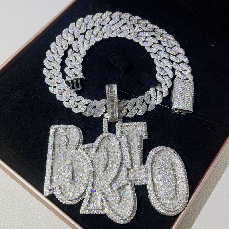 BRIO custom name round and baguette cut moissanite pendant in solid 925 silver3