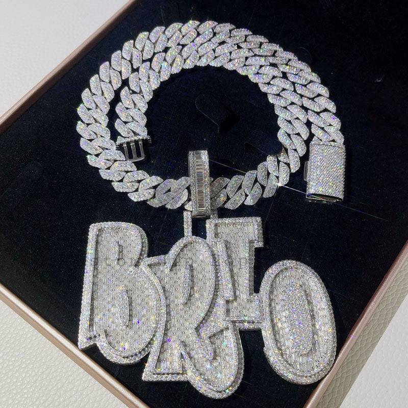 Personalized BRIO Custom Name Pendant with Round and Baguette Cut Moissanite in Solid 925 Silver3