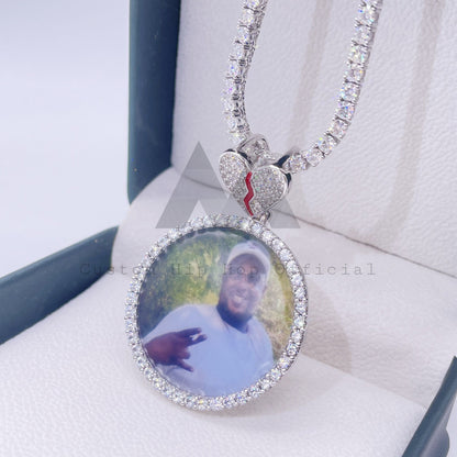 45MM Custom Made Broken Heart Moissanite Diamond Photo Picture Memory Pendant