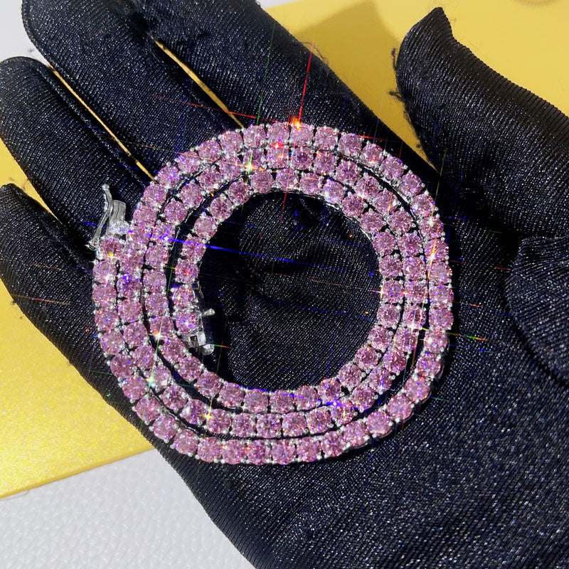 Chapeamento de ouro branco sobre prata 925 3mm 4mm colar de corrente de tênis moissanite rosa
