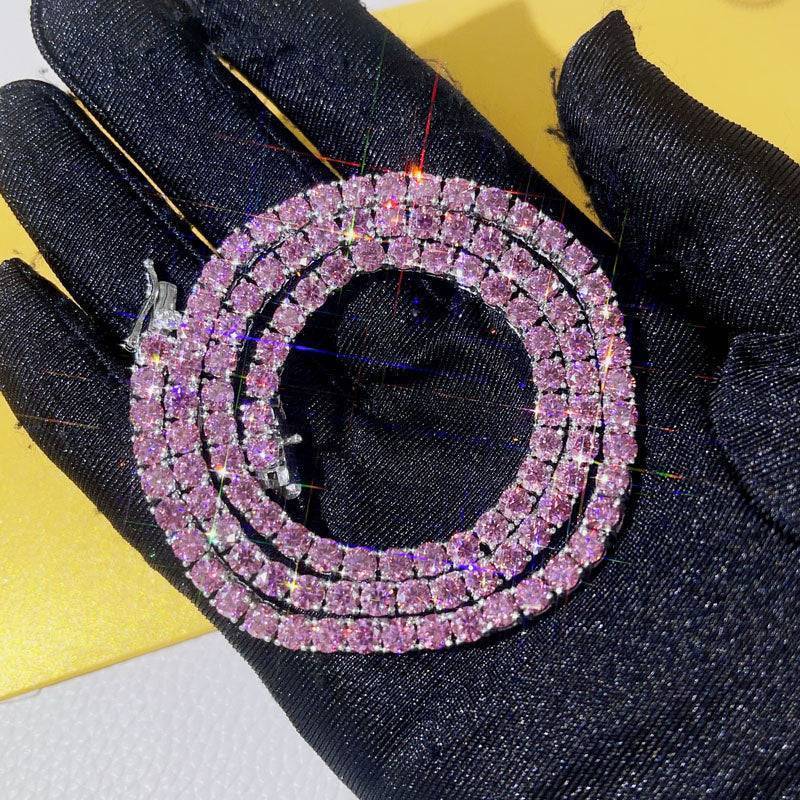 Hip hop jewelry with white gold plating over silver 925, 3mm 4mm pink moissanite tennis chain necklace2