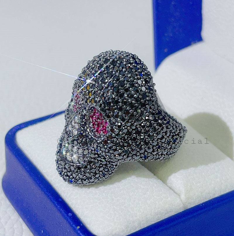 Black Moissanite Skull Ring with Ruby Eyes Hip Hop Jewelry