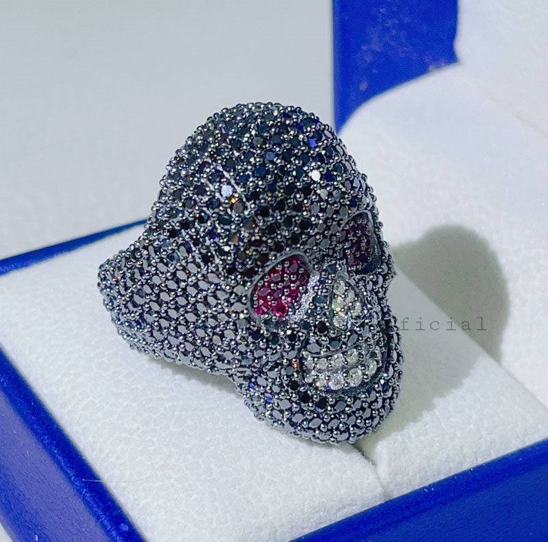 Black Moissanite Skull Ring with Ruby Eyes Hip Hop Jewelry