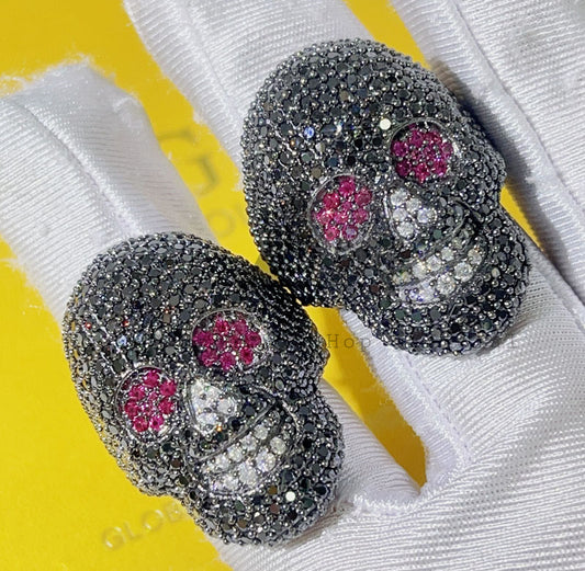 Stylish Hip Hop Iced Out Black Moissanite Skull Ring With Ruby Eyes