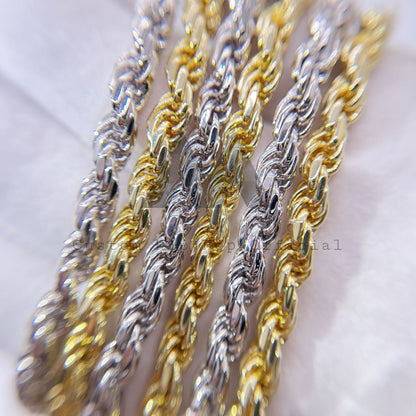 Corrente de corda de prata esterlina de 6 mm em ouro branco e amarelo com trava de moissanite
