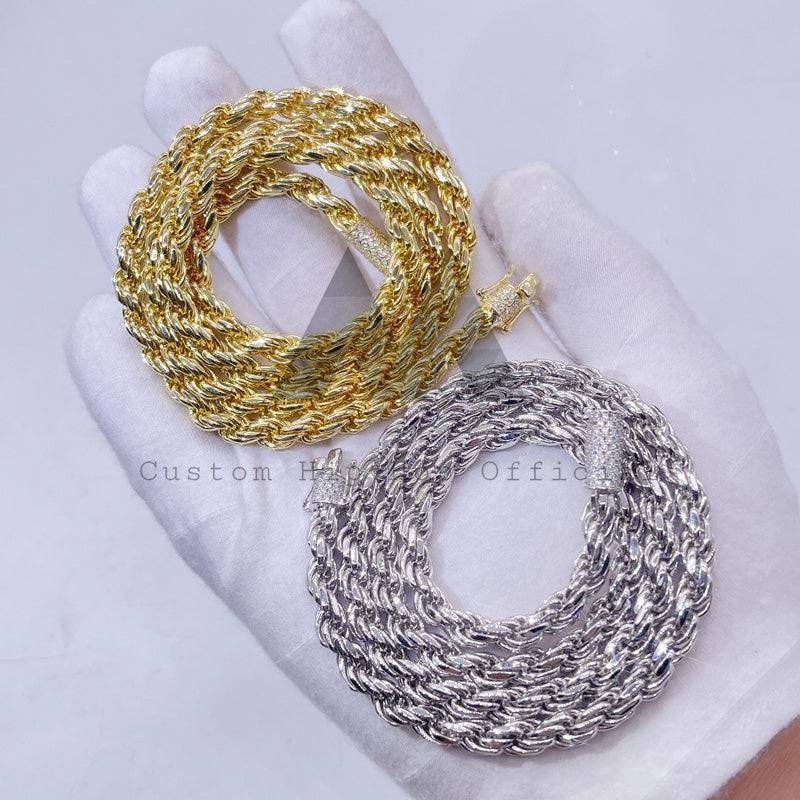 Hip hop jewelry featuring white gold, yellow gold, 6mm sterling silver rope chain with moissanite lock4